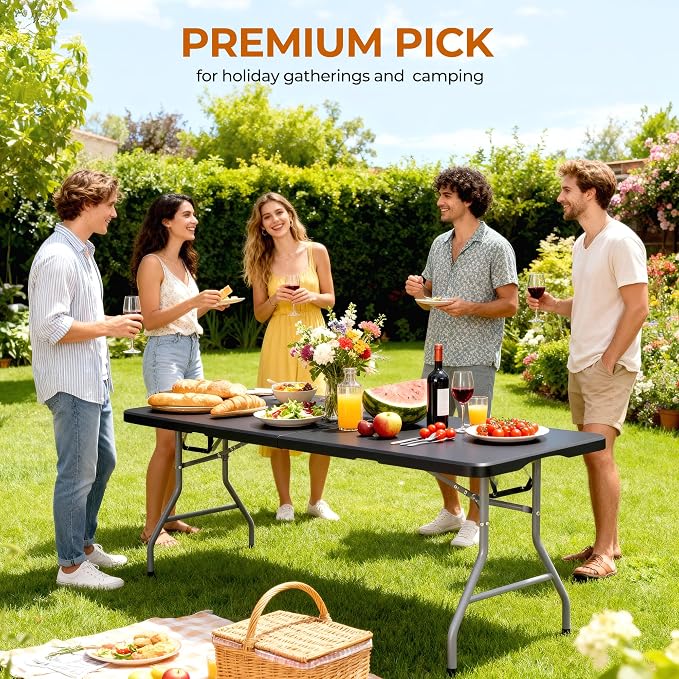 Fenbeli 6FT Folding Table, 350 LBS Heavy Duty Foldable Table with 18% Thicker HDPE Waterproof Top, Fold in Half Portable Table with Handle, Steel Frame for Indoor Outdoor Party Events