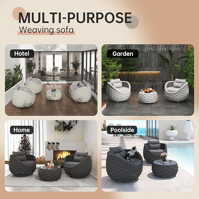 Conversation Set Aluminum Outdoor & Indoor Sofa Modern Patio Furniture Set with Soft Cushion and Coffee Table for Balcony Garden (Grey)