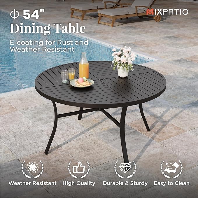 MIXPATIO 7 Pieces Outdoor Table and Chairs, Patio Dining Set for 6 Includes 54" Round Outdoor Table and 6 Blue Patio Chairs, Outdoor Dining Furniture Set for Lawn Backyard Deck,
