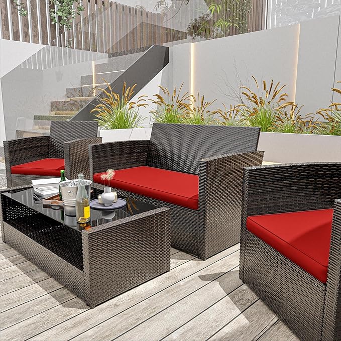 3 Pack Outdoor Patio Seat Cushions Replacement Covers Fit for 4 Pieces 4-Seater Wicker Rattan Patio Conversation Set Loveseat Chair Couch Furniture,36x18x2,18x18x2,Red-Cover Only
