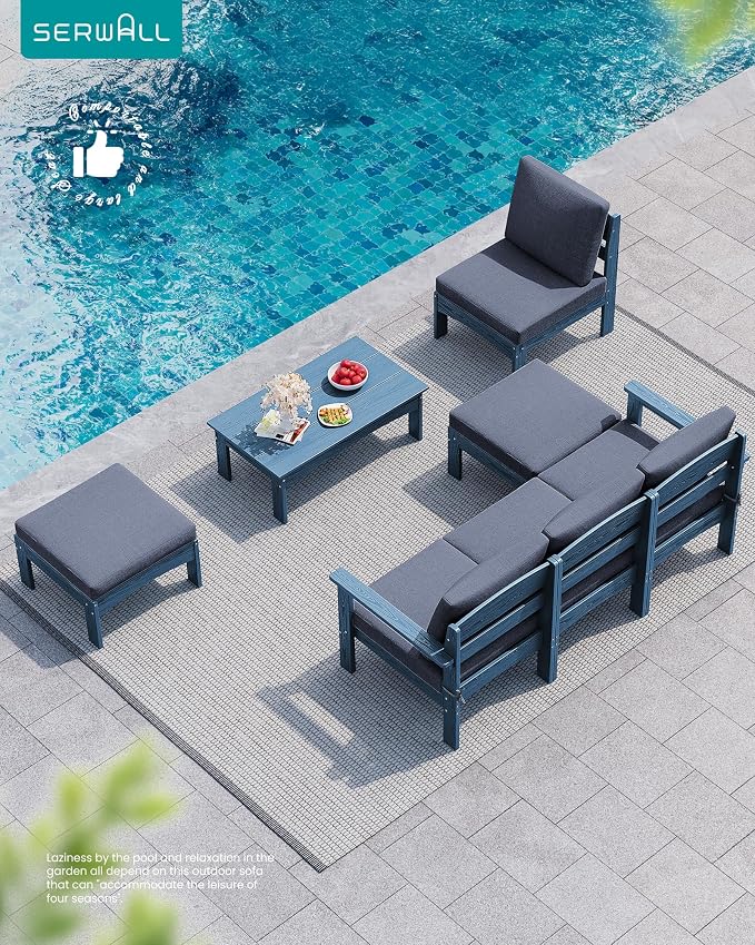 SERWALL 2 Pieces Patio Sofa Set, Durable HDPE Outdoor Lounge Sofa with Removable Cushions and Ottoman, Modern Modular Conversation Set for Porch or Balcony, Blue Frame with Khaki Cushion