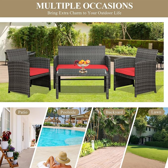JAMFLY 4 Piece Outdoor Patio Furniture Set, Outdoor Wicker Rattan Chairs Conversation Sets with Cushions & Coffee Table for Outside, Garden, Balcony, Porch, Red