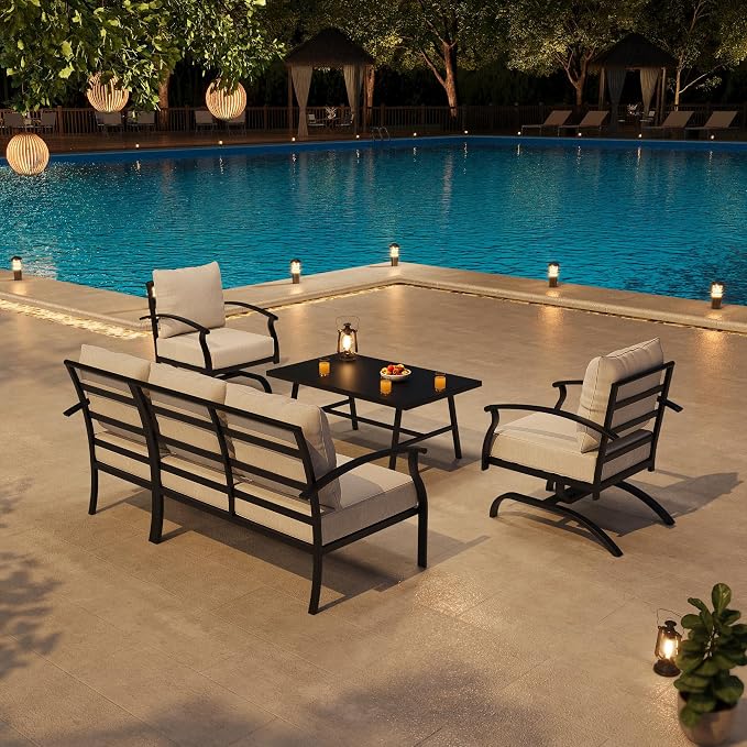 Metal Patio Furniture Set, 4 Piece Outdoor Sectional Conversation Sofa Set, 3-Seat Sofa w/2 Single Sofas and Coffee Table, Garden, Porch, Balcony, Deck, Sand