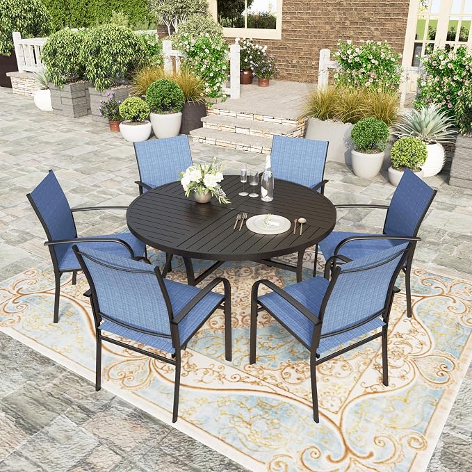 HERA'S HOUSE Outdoor Dining Set for 6, Patio Dining Furniture Set with 6 Patio Chairs, 54" Round Metal Table with Umbrella Hole, Patio Table and Chairs for Backyard Garden, Blue