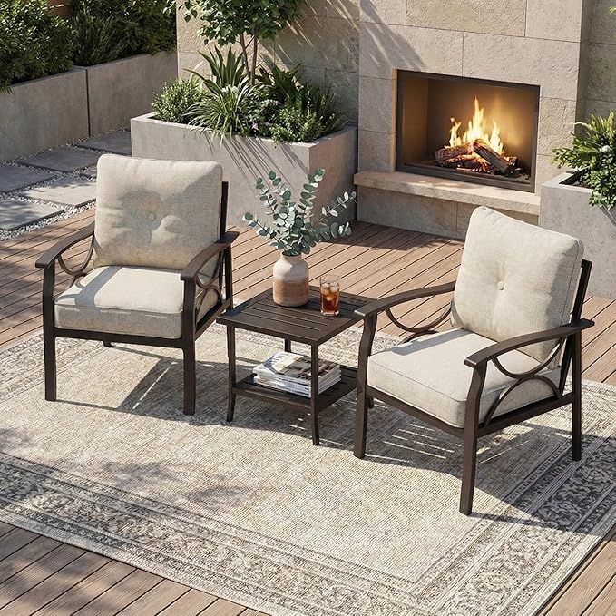 RoyalCraft Outdoor Patio Furniture Set, 3 Piece Patio Conversation Set, Metal Furniture Set for Porch Backyard,Khakiwith Gray Cushions, Brown