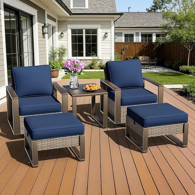 5 Pieces Metal Wicker Patio Furniture Set - 2 Swivel Rocker Chairs and 2 Ottomans, 1 Side Table, All Weather Rattan Outdoor Conversation Furniture with Washable Cushion for Deck Porch, Dark Blue