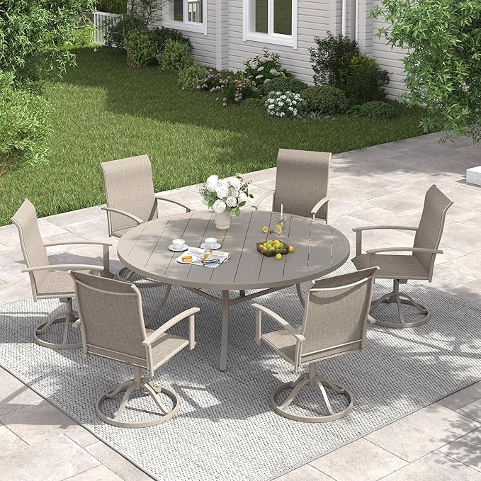 VICLLAX 47.2" Outdoor Round Patio Table for Lawn Garden, All Weather Metal Round Outdoor Dining Table with Adjustable Umbrella Hole, 6 Person Patio Table, Sandshell