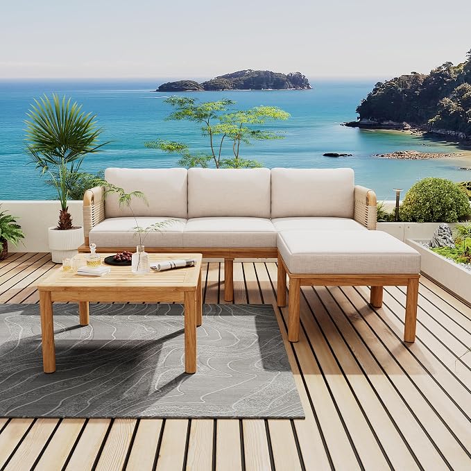 Virubi 3-Piece Acacia Wood and Rope Patio Sofa Set, Water-Repellent Cushions, Wide Deep Seats with 3-Seater, Ottoman & Table, Outdoor Conversation Set for Patio Garden