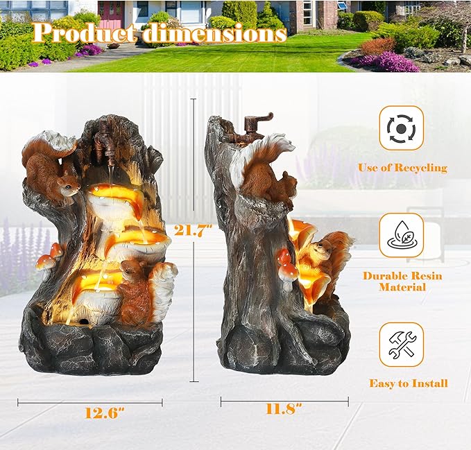 4-Tiers Indoor/Outdoor Garden Water Fountain - 22" Modern Cascading Water Fountains, Freestanding Resin Waterfall Fountain with 4 LED Lights, Squirrel & Mushroom for Deck Patio Porch Yard