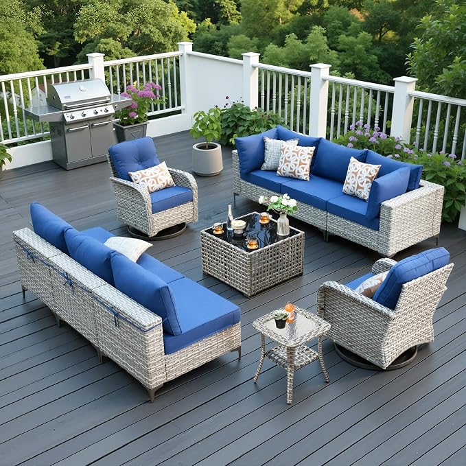 10 Pieces Patio Sectional Furniture Set, Outdoor Wicker Sectional Couch with High Back Swivel Rocker Chairs Solar Lights Table, Modern Conversation Set for Porch Balcony Backyard, Navy Blue