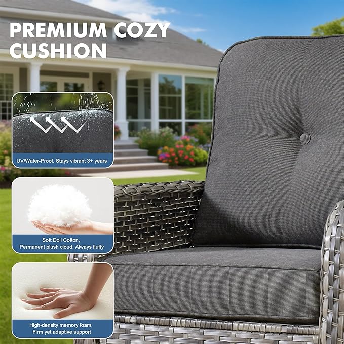 5 Pieces Wicker Patio Furniture Set, High Back Swivel Rocker Chairs Outdoor Loveseat Sofa and Rattan Coffee Table, Outdoor Conversation Sets for Porch Deck Backyard Poolside, Black