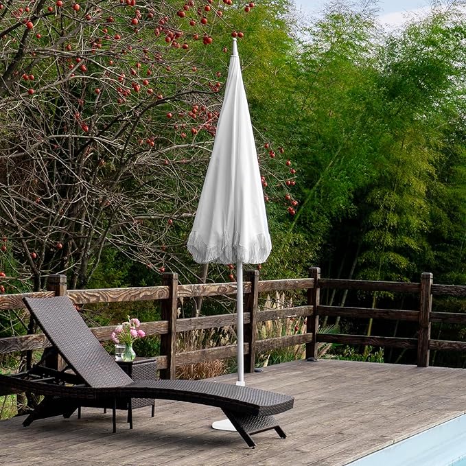 7.5ft Pagoda Patio Umbrella with Fringe, UPF50+ Tassel Umbrella with Crank & Fiberglass Ribs, Holiday Outdoor Umbrella for Garden Pool Lawn Yard Table