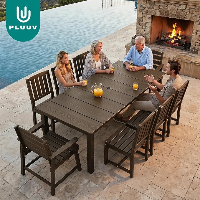 PLUUV 9-Piece Outdoor Patio Dining Set – HDPE Dining Table with Aluminum Legs and Umbrella Hole, 8 Chairs & 1 Table, All-Weather Patio Furniture Set for Garden Deck Backyard, Coffee