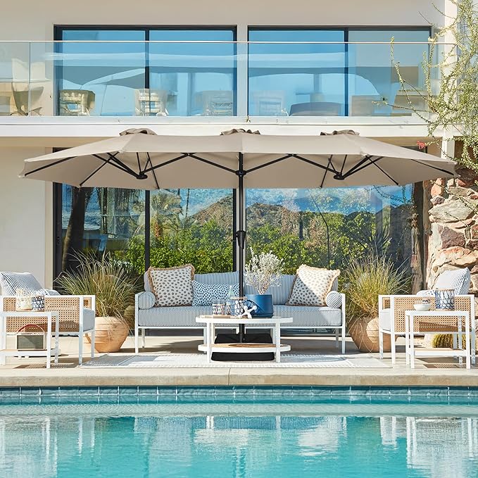 SUPERJARE 13FT Outdoor Patio Umbrella with Base Included, Double Sided Pool Umbrellas with Fade Resistant Canopy, Large Table Umbrella for Deck, Market, Backyard - Warm Beige