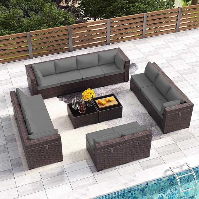 15 Pieces Outdoor Patio Furniture Set,Outdoor Sectional Furniture with 43" 55000 BTU Gas Propane Fire Pit Table,All Weather PE Rattan Wicker Patio Conversation Set,Grey
