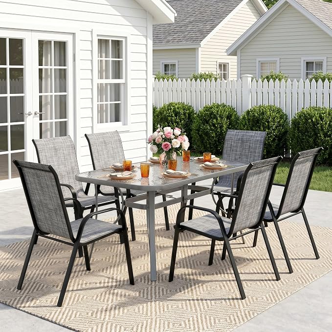 MAMIZO 7 Pieces Patio Dining Set for 6, Outdoor Table and Chairs w/Rectangle Glass Table and 6 Textilene Stackable Chairs, Patio Furniture Set w/1.69" Umbrella Hole (Grey Table & Grey Chair)