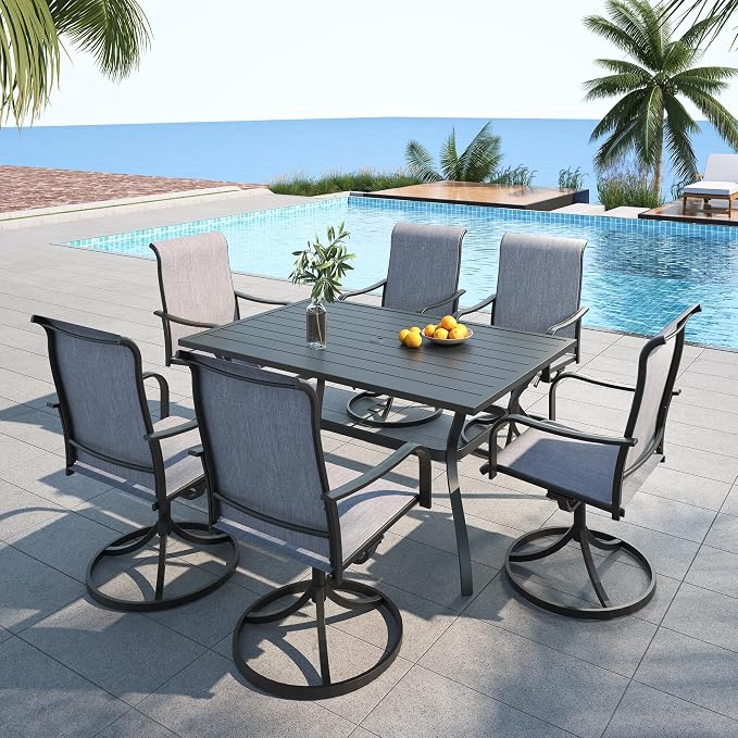 Anmutig 7-Piece Outdoor Dining Set, 6 Swivel Patio Chairs &60'' Rectangular Dining Table with All Weather Frame Furniture Set - Grey Style2