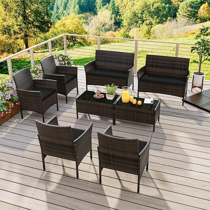 4 Piece Patio Furniture Set, Sectional Conversation Sofa Set with Glass Coffee Table, Cushions & Loveseat, Wicker Outdoor Table and Chairs for Pool, Garden, Deck, Backyard (2, Black)