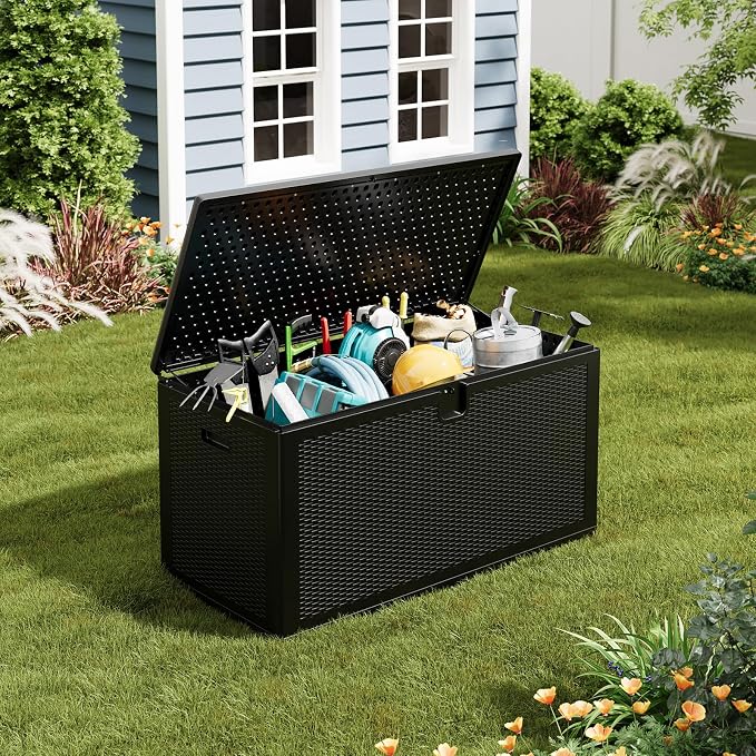 Jojoka 150 gal Resin Deck Box, Waterproof Outdoor Storage with Lockable Lid | HDPE weatherproof, 800 lb lid capacity, lockable, UV-resistant, easy assembly, for patio cushions & tools, black