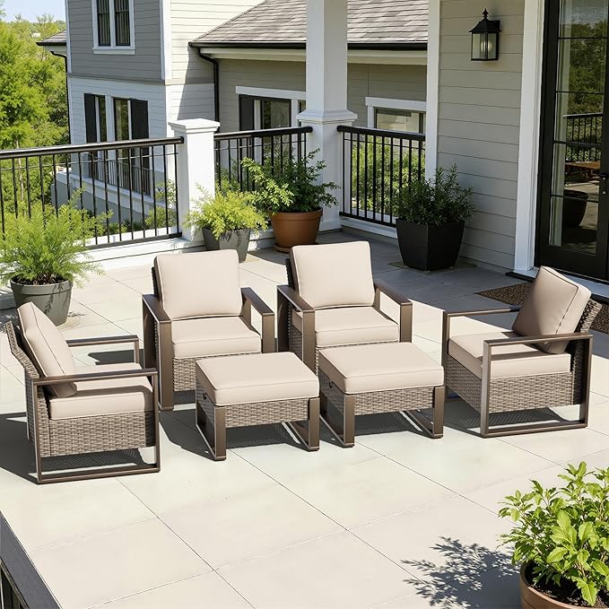 6 Pieces Metal Wicker Patio Furniture Set - Four Armchairs and Two Ottomans, All Weather Rattan Outdoor Conversation Furniture with Washable Cushion for Deck Porch, Beige