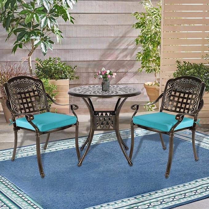 3-Piece Outdoor Patio Dining Set, All-Weather Cast Aluminum Patio Furniture Set for Backyard Garden Deck with 2 Cushioned Chairs and 31” Round Table, 2" Umbrella Hole, Ocean Blue