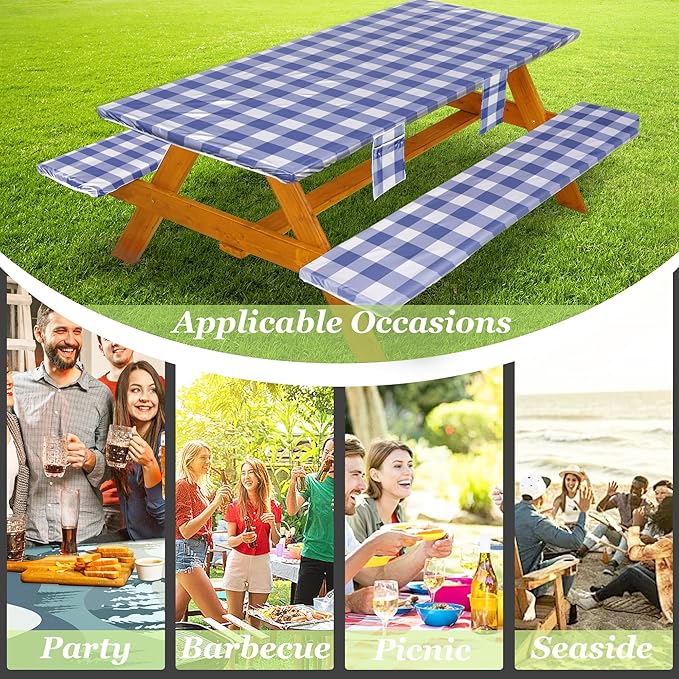 Picnic Table Cover with Bench Covers Vinyl Elastic Edges Fitted Rectangle Seat Tables Waterproof 3-Piece96X30in Set Outdoor Rectangular Folding Backing Tablecloth for Camping Over Size