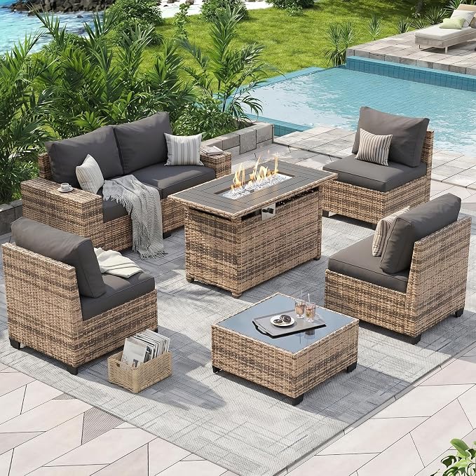 UDPATIO Patio Furniture Set with Fire Pit Table, L-Shaped 8" Armrest Sectional Set, All-Weather PE Rattan Conversation Furniture w Thick Cushions, Coffee Table for Outdoor Backyard Porch Grey