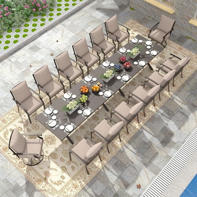 16 PCS Outdoor Patio Dining Set,Patio Table and Chairs Metal Outdoor Patio Furniture Set with Umbrella Hole,Dining Table Set with Swivel Chairs for Deck,Backyard and Garden,Brown
