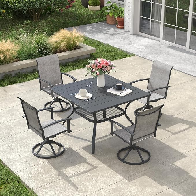 VICLLAX Outdoor Patio Dining Table for 4, Square Patio Table with Umbrella Hole for Patio Lawn Deck Backyard, Dark Grey Tabletop