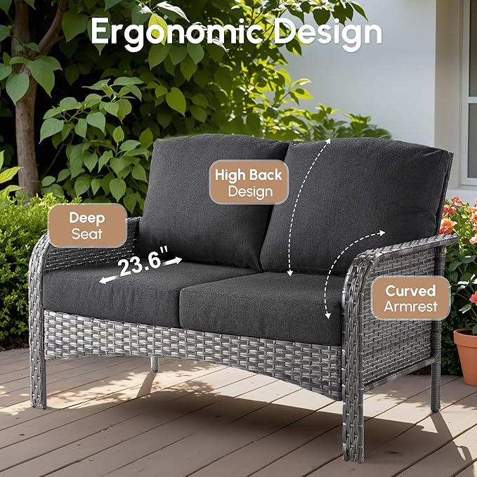 5 PCS Patio Outdoor Furniture Set with Swivel Rocking Chairs,All Weather Wicker Rattan Patio Seating Sofa and Chairs Set,Outdoor Conversaiton Sets for Deck Yard Prrch Garden Poolside,Black