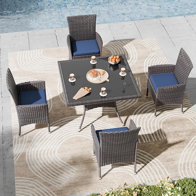Kullavik 5 Pieces Outdoor Dining Set Patio Rattan Furniture Set,Patio Dining Table and Chairs Set with 4 Chairs and Cushions,Square Glass Tabletop with Umbrella Hole for Patio,Backyard,Navy Blue