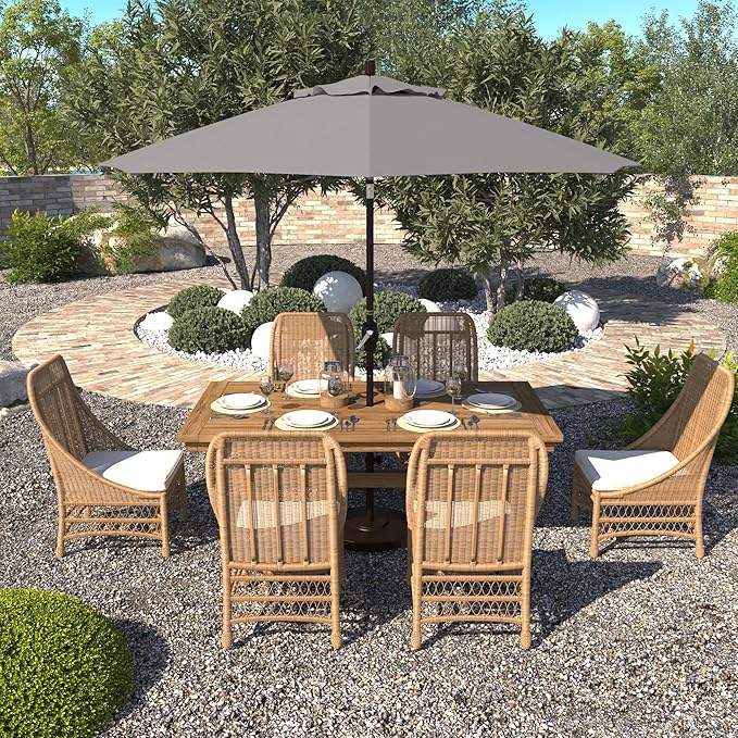 California Umbrella 9' Round Aluminum Market Umbrella, Crank Lift, Push Button Tilt, Bronze Pole