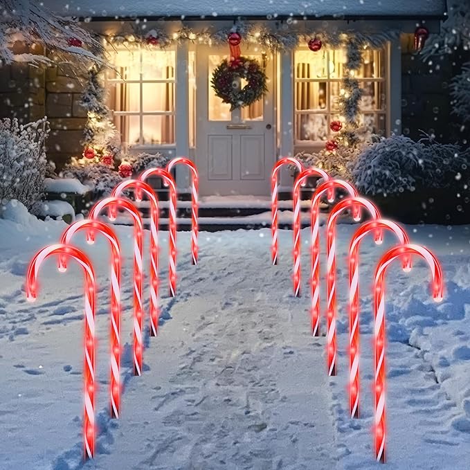 Joiedomi 12 Pcs Christmas Candy Cane Pathway Markers Lights, 17” Stakes Lights with Red, Waterproof Outdoor Decorations for Holiday Xmas Indoor,Yard, Walkway, Lawn, Garden Decor