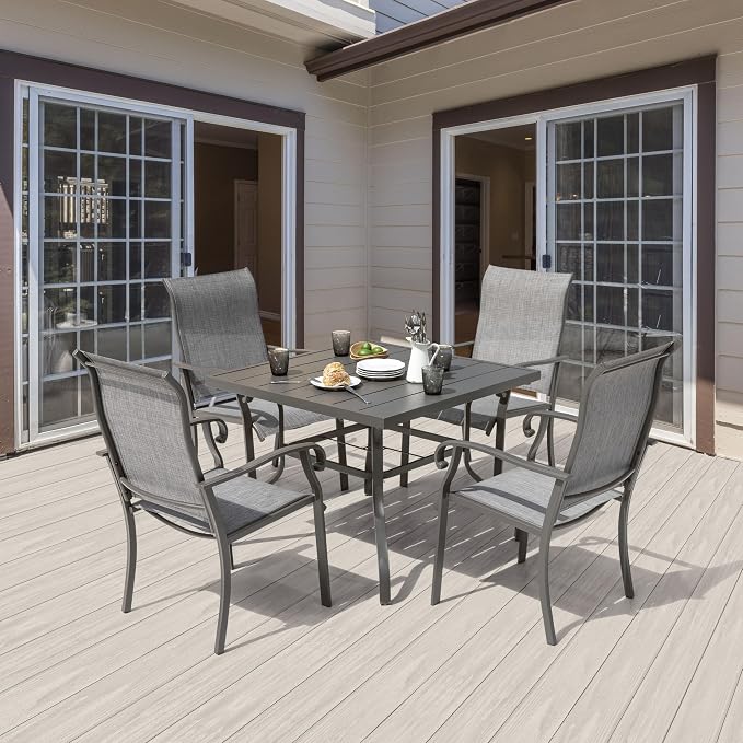 NUU GARDEN Outdoor Patio Dining Set 5 Piece Furniture Set Including Square Outdoor Dining Table with 1.57" Umbrella Hole and 4 Gray Textilene Chairs for Garden, Patio and Poolside Backyards