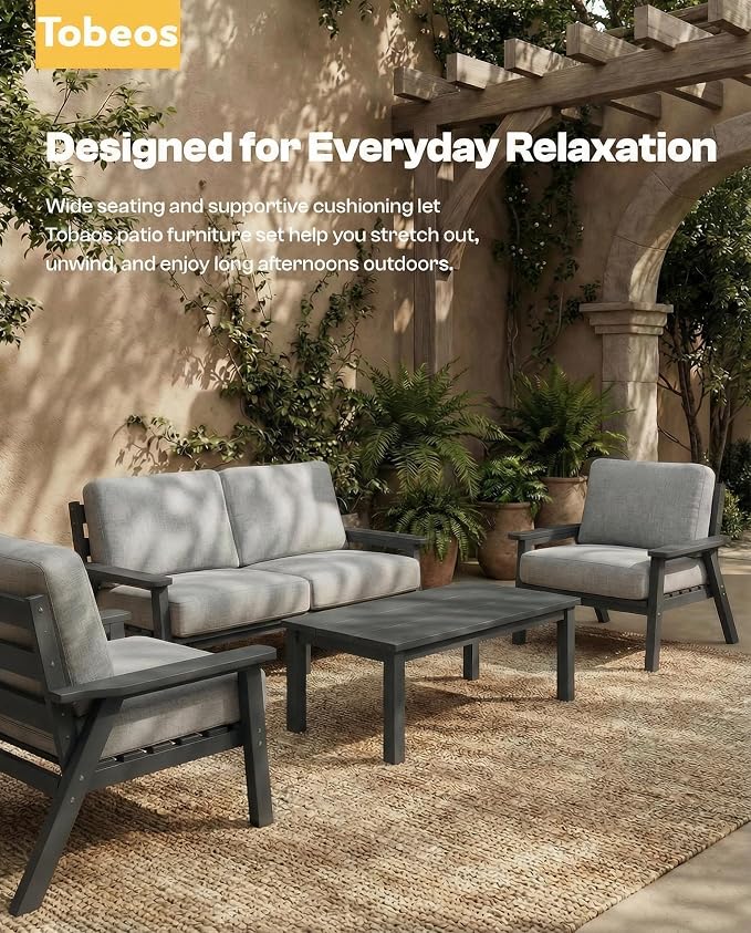 2 Piece HDPE Outdoor Furniture Set with Gray Cushions (Gray Frame) | All-Weather HDPE, Modular Design, Extra-Deep Seating, Thick Cushions, Ideal for Backyard, Deck & Porch