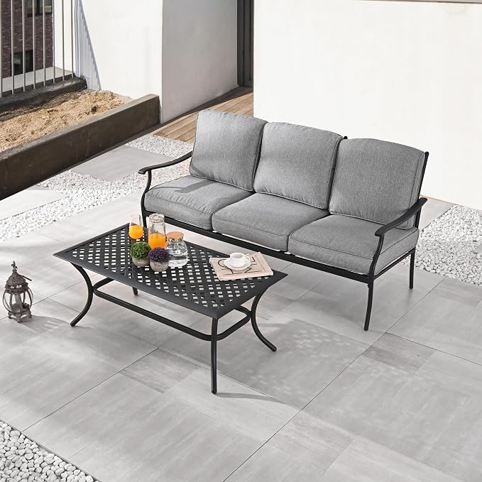 LOKATSE HOME 3 Seat Metal Patio Loveseat Bench Outdoor Furniture Bistro Set with Coffee Table for Lawn Front Porch Garden Yard or Poolside, Grey