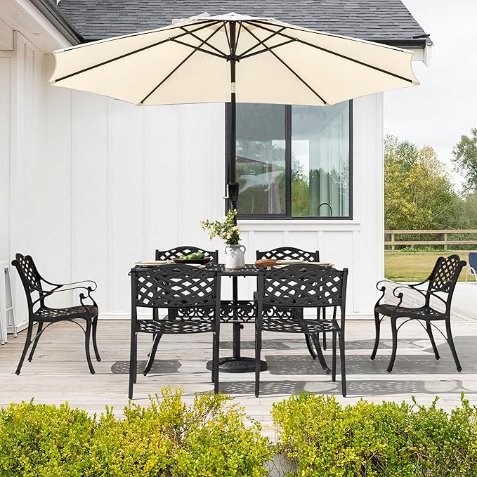NUU GARDEN 7 Pieces Outdoor Patio Dining Sets, Cast Aluminum Rectangle Patio Table with Umbrella Hole and 6 Bistro Chairs, Armrest Dining Chairs and Bistro Table for Balcony, Backyard, Black