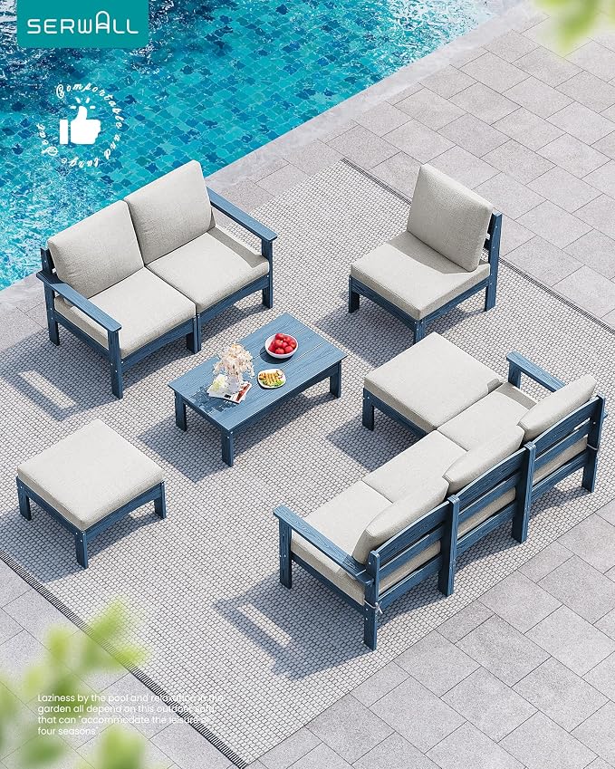 SERWALL 9 Pieces Patio Conversation Set, All-Weather HDPE Outdoor Sectional Sofas with Removable Cushions and Coffee Table, Extra-Large Furniture Set for Backyard, Blue Frame with Khaki Cushion