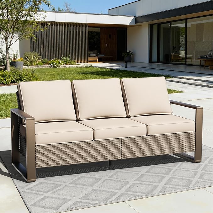 75" Patio Metal Wicker Sofa, All Weather Outdoor Rattan 3-Seat Sofa Couch with Premium Cushions & Rectangular Framed Wood-Looking Metal Armrest for Garden Backyard Porch Deck, Beige