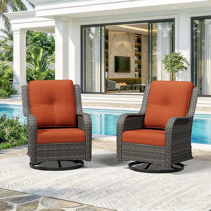 Swivel Rocker Patio Chairs Set of 2 - Outdoor Wicker Patio Furniture Set 2 Pieces with Thickened Olefin Cushions, High Back and Deep Seating, Hand-Woven PE Rattan for Porch, Deck, Orange
