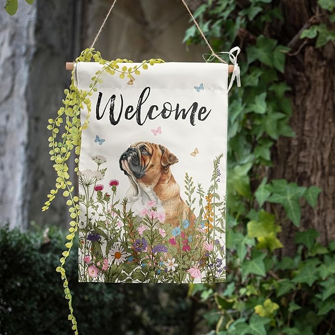 Floral English Bulldog Garden Flag Spring Summer House Flags 28 x 40 Double Sided Flower Dog Yard Flags for Outside Large Outdoor Welcome Flags
