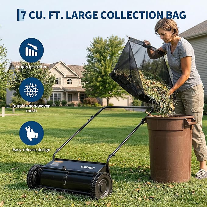 Garvee 26 Inch Push Lawn Sweeper, Walk Behind Leaf Grass Collector with 7 Cu ft Hopper Bag, Carbon Steel Frame, Yard Sweeper with Adjustable Brush Height for Garden Patio Driveway Leaves Cleanup