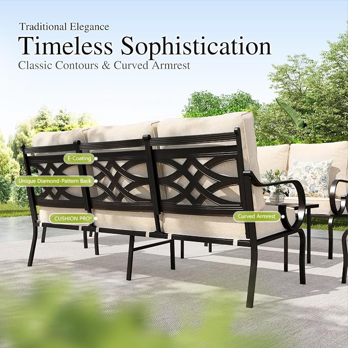 Sophia & William Patio Conversation Set for 5, 3-Seater Sofa, 2 Rocking Chairs and a 45" Fire Pit Table, Metal Outdoor Furniture with 5.75" Extra Thick Cushions, Beige