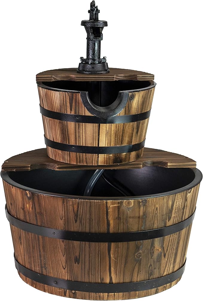 Sun-Ray 2-Tier Rustic Outdoor Fountain, 24in. Wide Garden Decor Water Fountain with Submersible Electric Pump and Cast Iron Hand Pump Accessory for Patio, Garden, and Yard