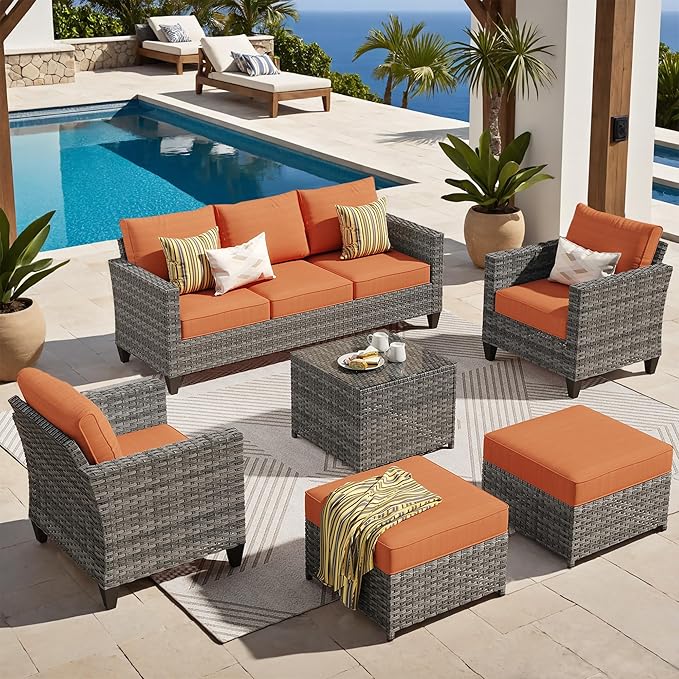 ovios 6 Pieces Patio Furniture Set, Outdoor Wicker Rattan Sofa Couch with Glass Table, Chairs, Comfy Cushions, Conversation Sets for Porch Deck Garden, Orange Red