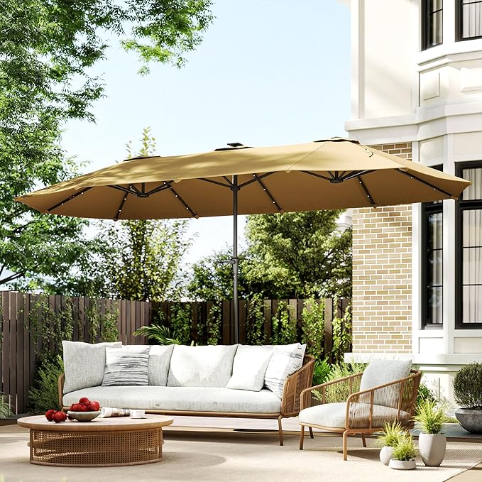 Outsunny 13ft Large Patio Umbrella with Solar Lights, Rectangular Double-Sided Outdoor Market Umbrella with Crank Handle and 48 LED Bulbs for Garden, Pool and Backyard, UPF 30+