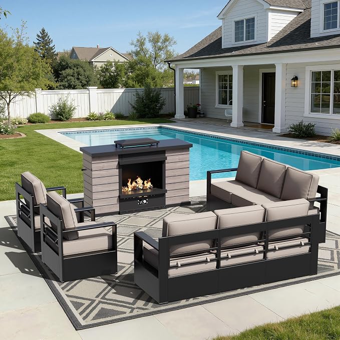 Outdoor Aluminum Furniture Set, 5-Piece Patio Conversation Set, 2 Swivel Chairs, 2 Sofa and 1 Fireplace, All-Weather Metal Frame, 6" Thick Removable Cushions, Deep Setting for Garden and Porch