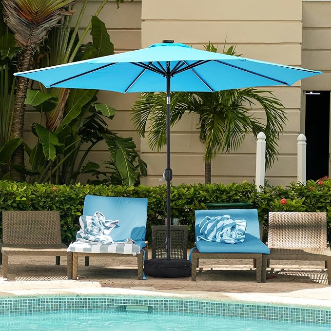 Sundale Outdoor Solar 88 LED 10 ft Patio Umbrella with Sand Bag Umbrella Base, Outdoor Umbrella with Tilt and Crank, Sky Blue
