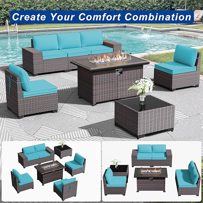 Outdoor Patio Furniture Set with Gas Fire Pit Table, 7 Pieces Patio Furniture Set Outdoor Sectional Sofa w/43in Propane Fire Pit, PE Wicker Rattan Patio Conversation Sets(Blue).