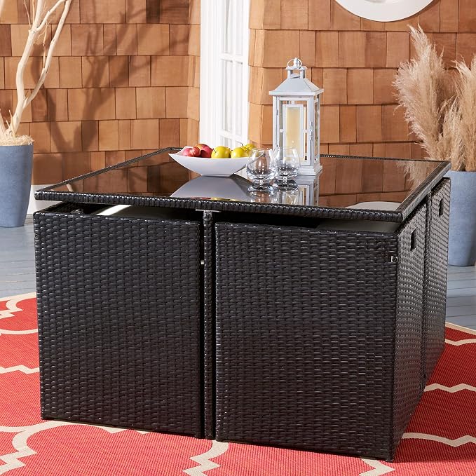 SAFAVIEH Outdoor Collection Klena Black Rattan/Beige Cushion 9-Piece Patio Backyard Dining Set